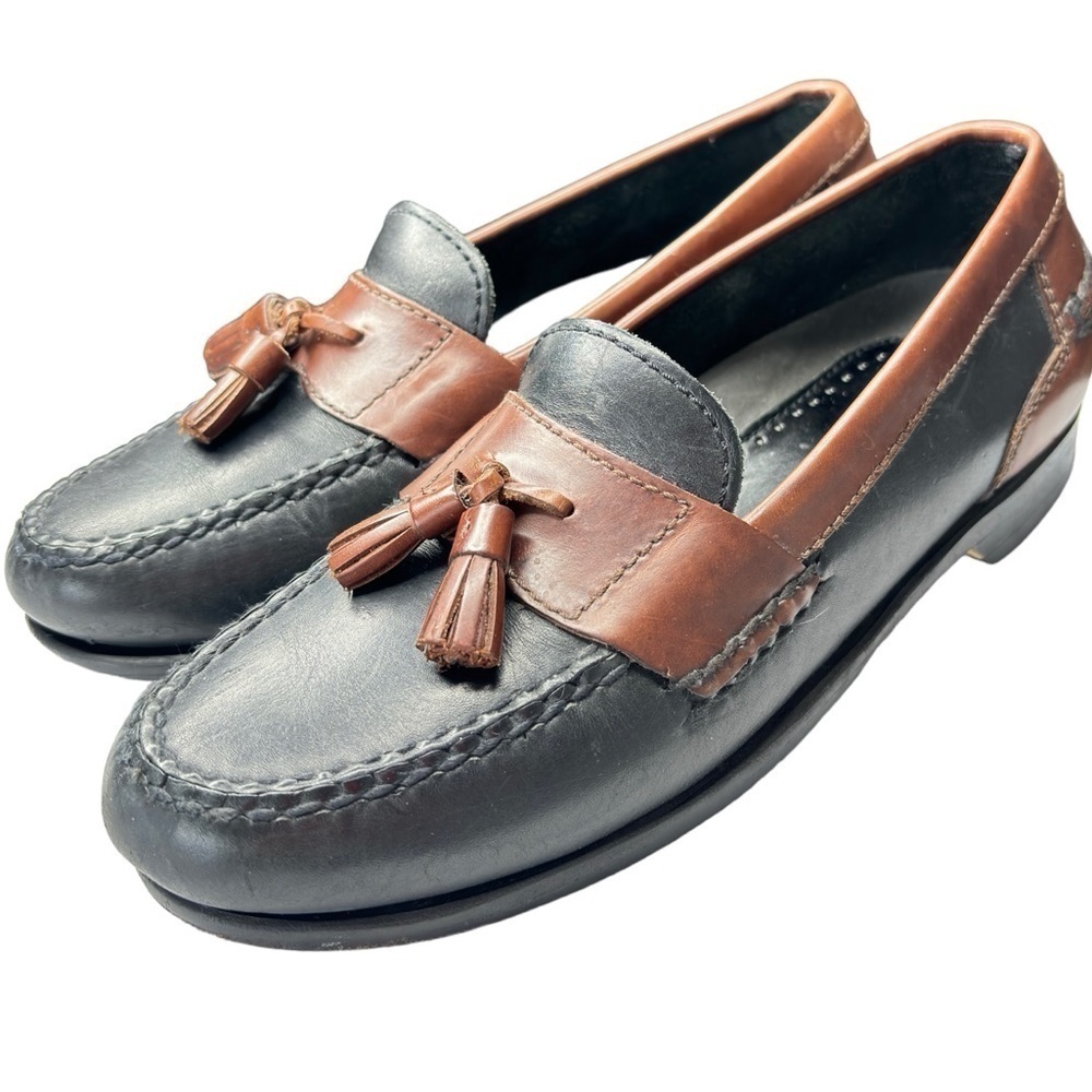 Johnston & Murphy Tassel Loafers Shoe Size 8.5 Black Brown Leather Moc Toe EUC